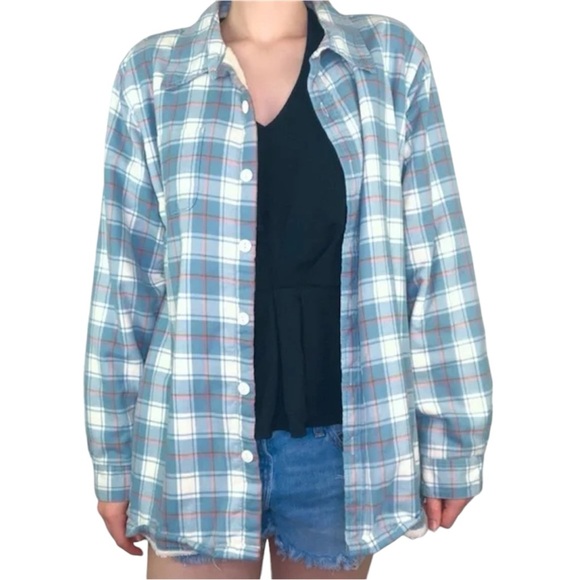 L.L. Bean Light Blue & Pink Plaid Fleece Lined Long Sleeve Button Down Shirt - Picture 1 of 7